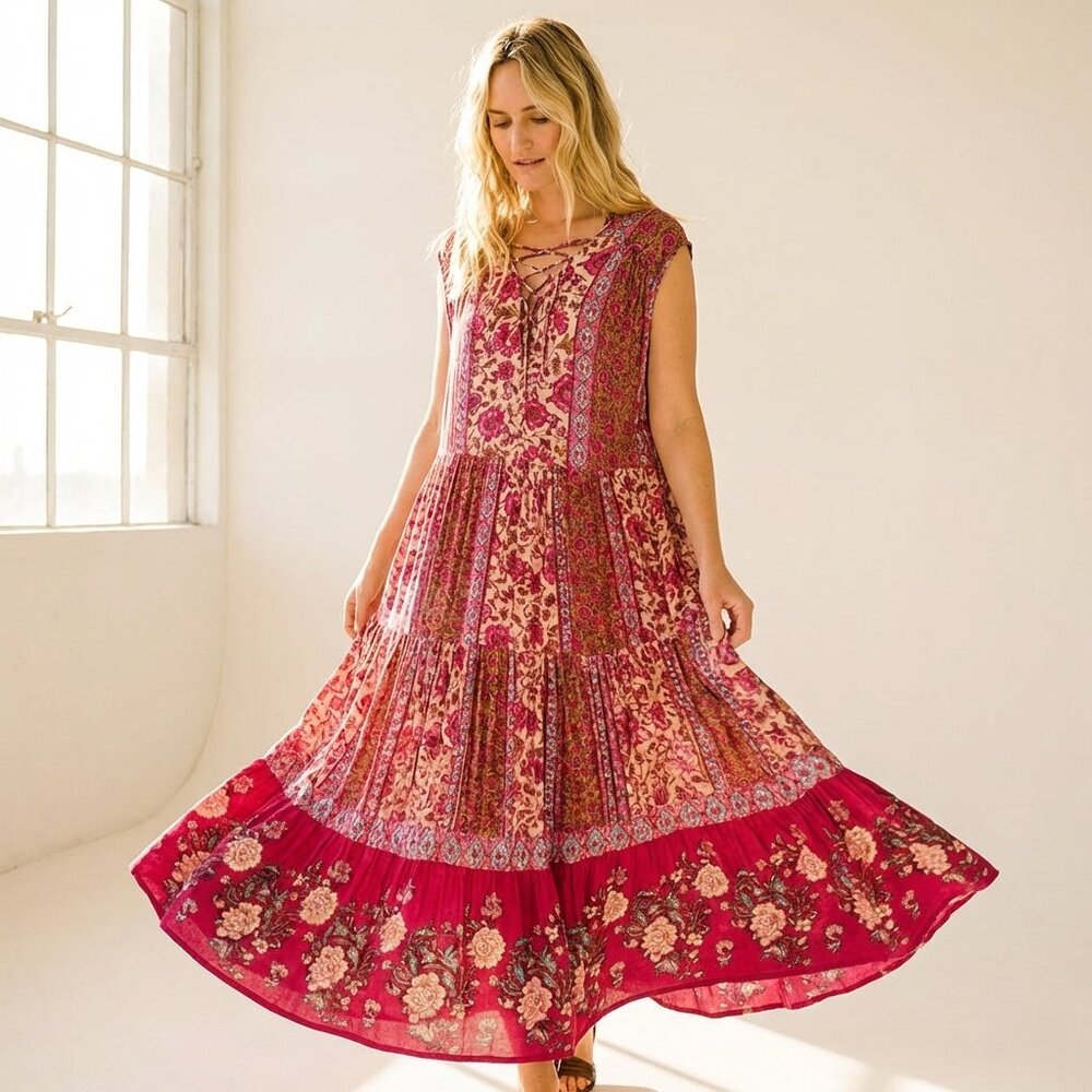 Free People Womens L Maxi Dress Pink Floral Patchwork Lace Up Tiered Boho - Picture 1 of 8